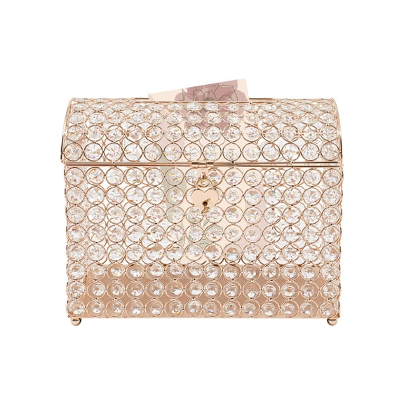 Crystal Glass Wedding Card Box with Lock, Gold Money Card Box Treasure Chest Style Gift Box for Wedding Receptions, Centerpiece Decor, Anniversary, Keepsake
