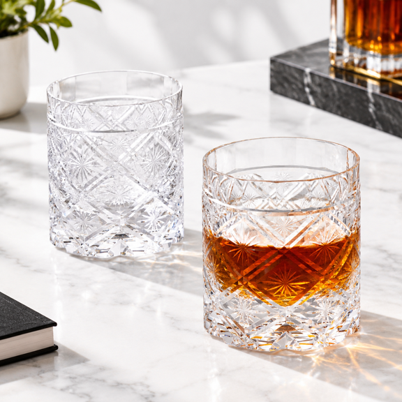 Crystal Glasses Set Of 2 Old Fashioned Hand Blown