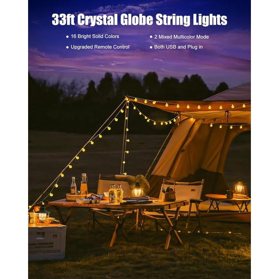 Crystal Globe String Lights - 33 ft 100 LED USB Color Changing Globe Ball Fairy Lights with Remote and Timer, Waterproof for Bedroom Tent Loft Bed Window Party, 16 Colors and Multicolor, RGB