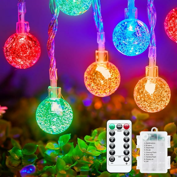 Crystal Globe String Lights Battery Operated - 17 ft 30 LED Globe Fairy Lights with Remote and 8 Modes, Waterproof for Bedroom Tent Loft Camping Porch Patio Party Wedding Decor, Warm White