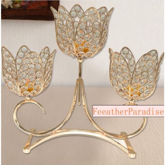 Crystal Gold 3 Arms Metallic Floral Riser/Wedding Centerpieces/Unity Candle Hold