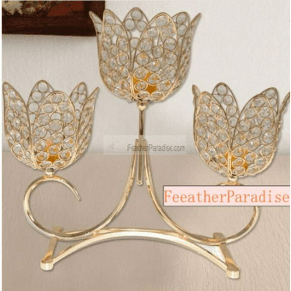 Crystal Gold 3 Arms Metallic Floral Riser/Wedding Centerpieces/Unity Candle Holder 18 inches wide