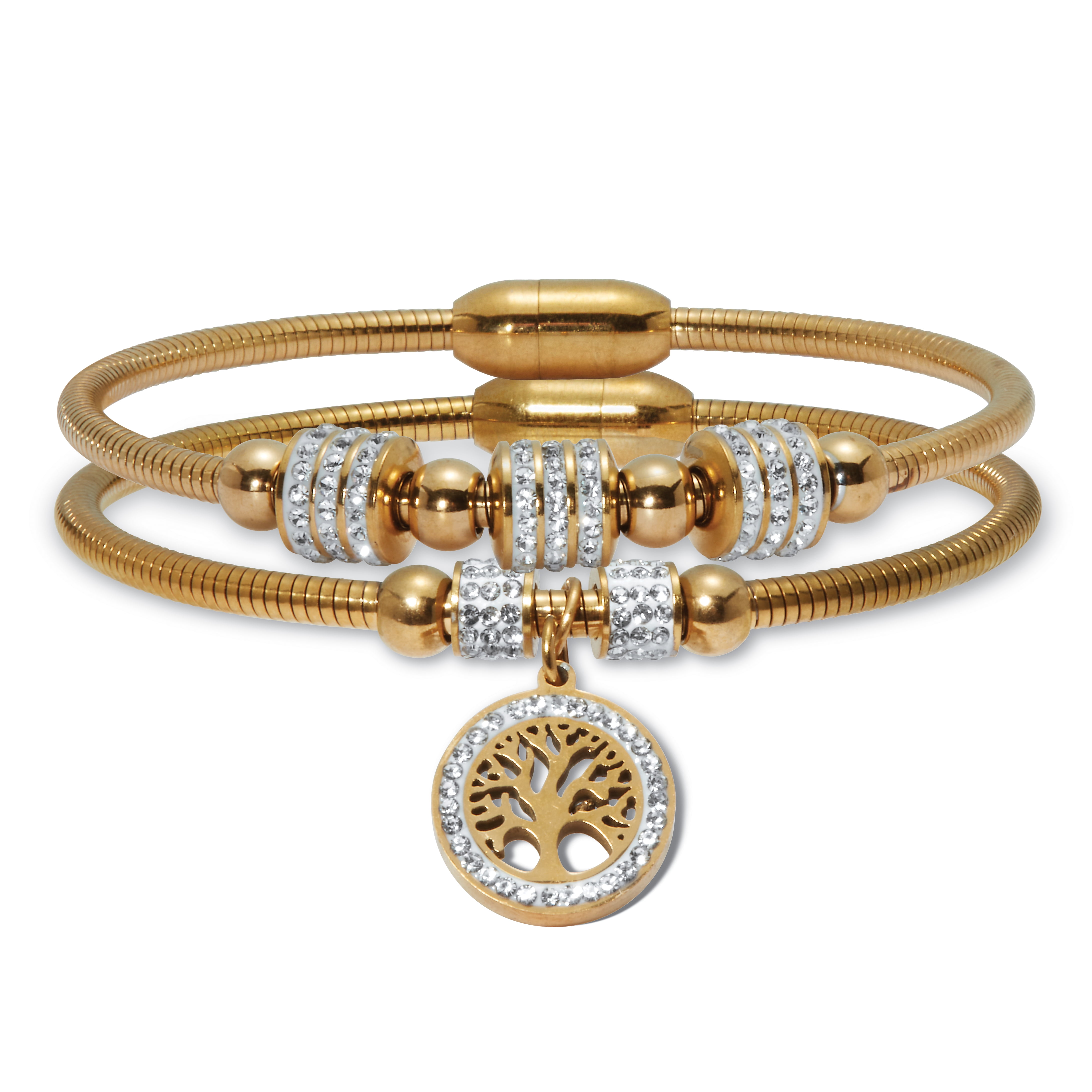 Crystal Gold Ion-Plated Stainless Steel Tree of Life Charm Bracelet Set ...