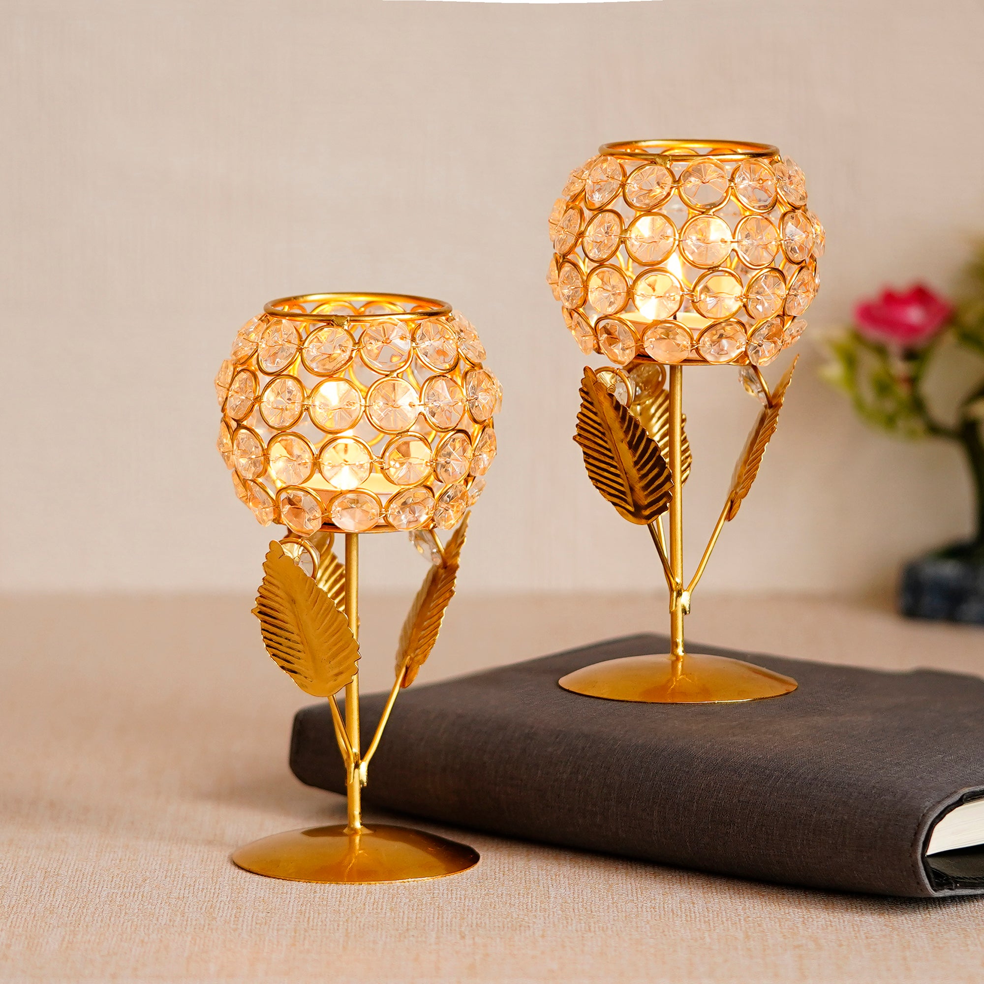 Crystal Gold Plated Flower Shape Tealight Candle Holders Set Of 2