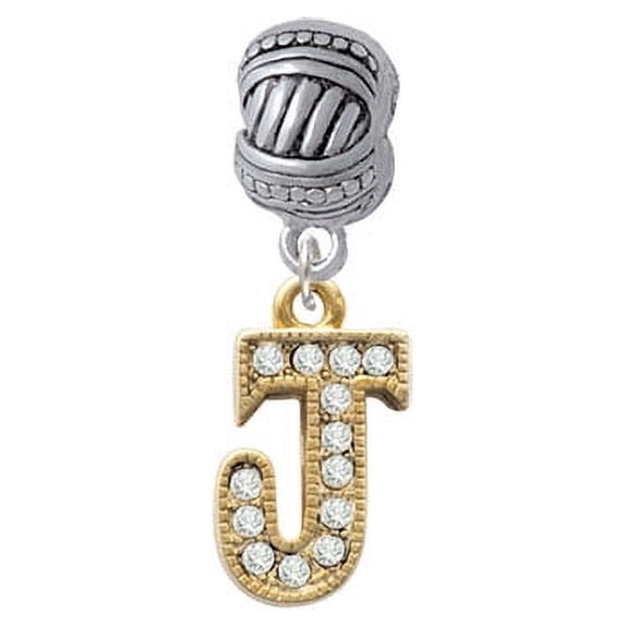 Crystal Gold Tone Initial - J - Beaded Border - Large Rope with Cross Beads Charm Bead