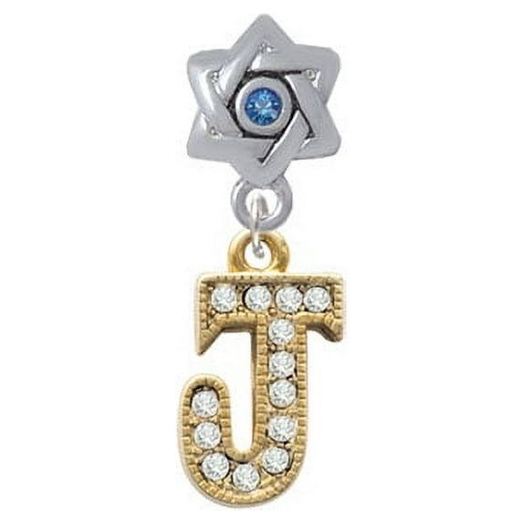 Crystal Gold Tone Initial - J - Beaded Border - Star of David with Blue Crystal Charm Bead