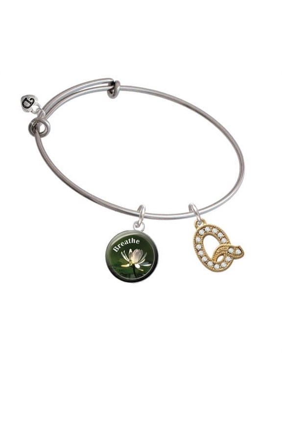 Crystal Gold Tone Initial - Q - Beaded Border - Breath Bangle Bracelet