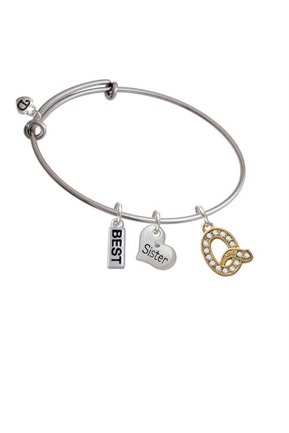 Crystal Gold Tone Initial - Q - Beaded Border - Sister Heart Expandable Bangle Bracelet