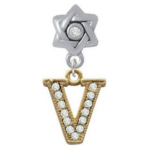 Crystal Gold Tone Initial - V - Beaded Border - Star of David with Clear Crystal Charm Bead