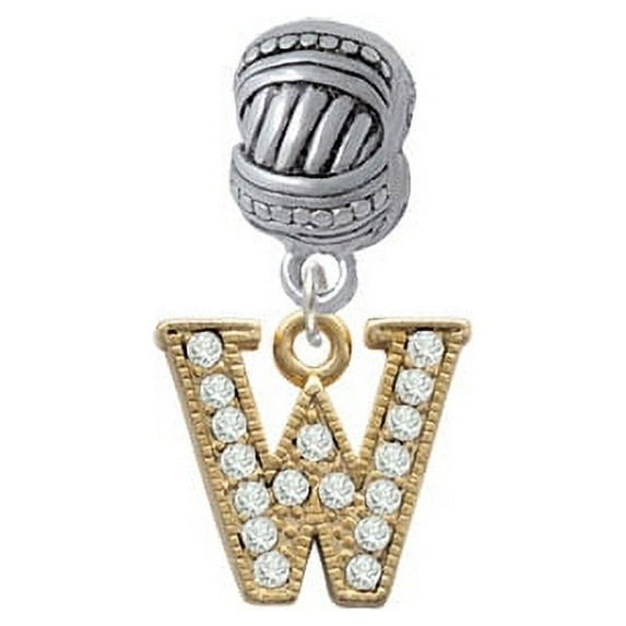 Crystal Gold Tone Initial - W - Beaded Border - Large Rope with Cross Beads Charm Bead