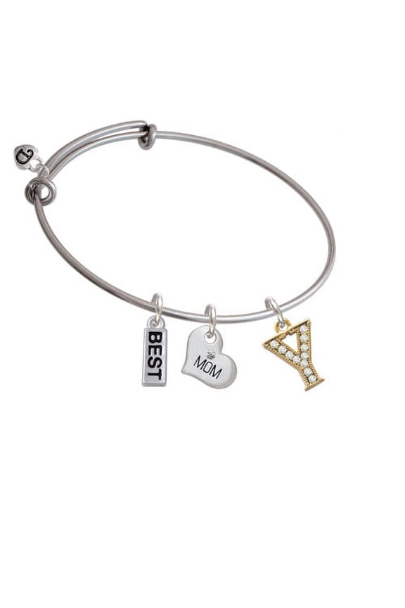 Crystal Gold Tone Initial - Y - Beaded Border - Mom Heart Expandable Bangle Bracelet