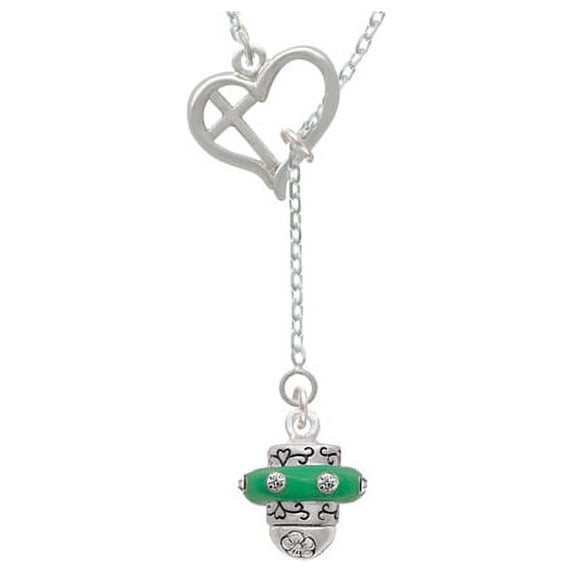 Crystal Green Spinner Cross in Heart Lariat Necklace