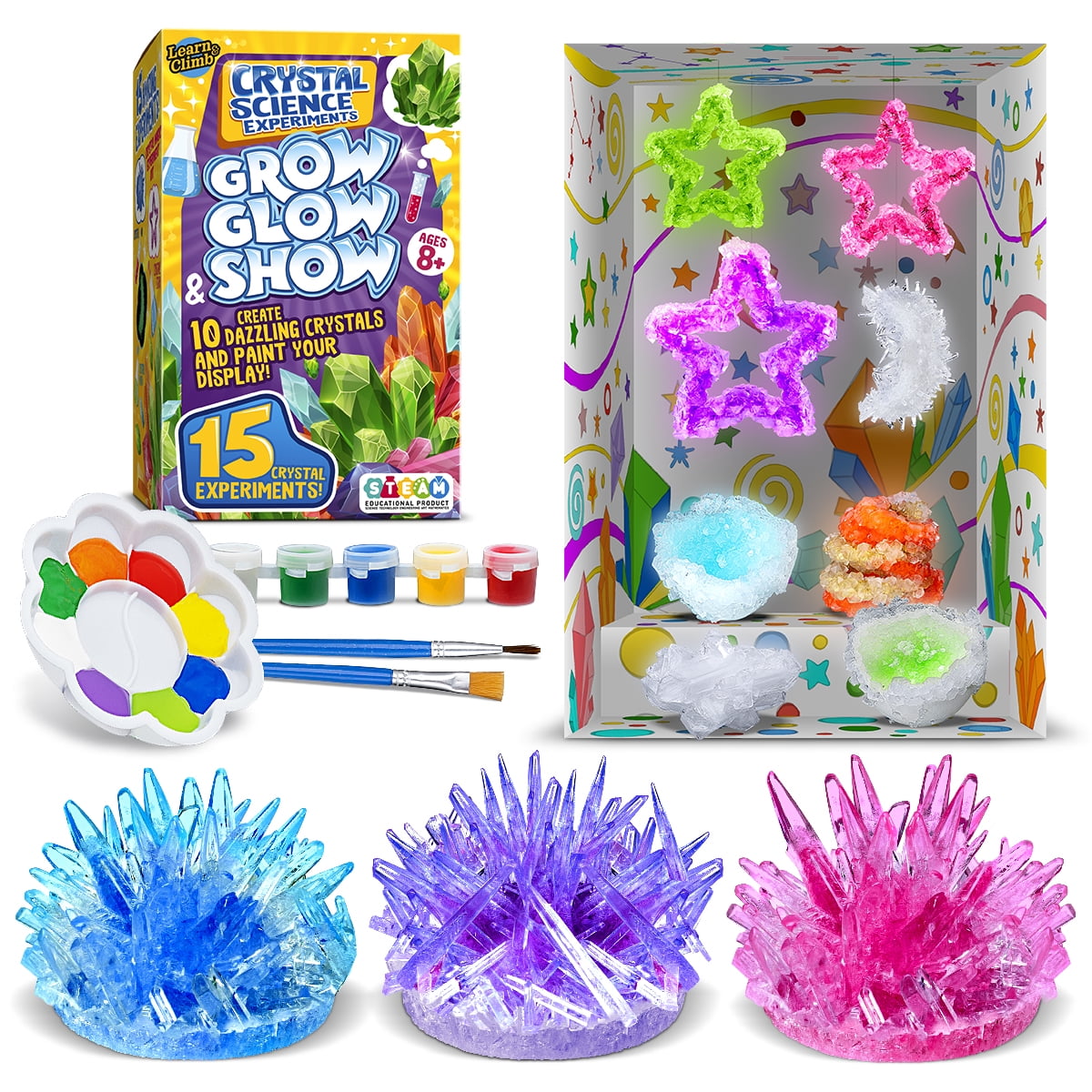 Crystal Growing Kit for Kids - 10 Crystals Science Experiment Kit + 2 Glow  in The Dark Crystals with DIY Paint Display Stand – Great Gift for Girls  and Boys Ages 6-12 