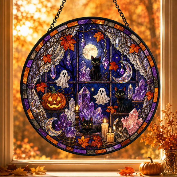 Crystal Halloween Stained Glass Suncatcher Witchy Crystal Window Decor