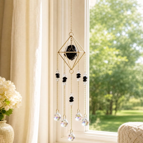 Crystal Hanging Ornament Wind Chime, Natural Rough Crystal Air Frame Feng Shui Decor, Durable Metal Sturdy Home House Hanging Ornament, Versatile Window Balcony Indoor Outdoor Lucky Gift