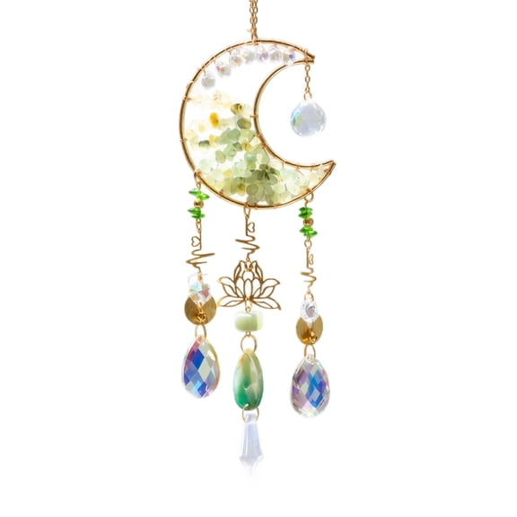 Crystal Hanging Wind Chime, Crystal Suncatcher Prism Hanging, Crescent Moon Decor, Boho Home Decor, 14X4 Inch Handmade Peridot Inlaid Gold Frame Lotus Pendant Hanging Ornament for