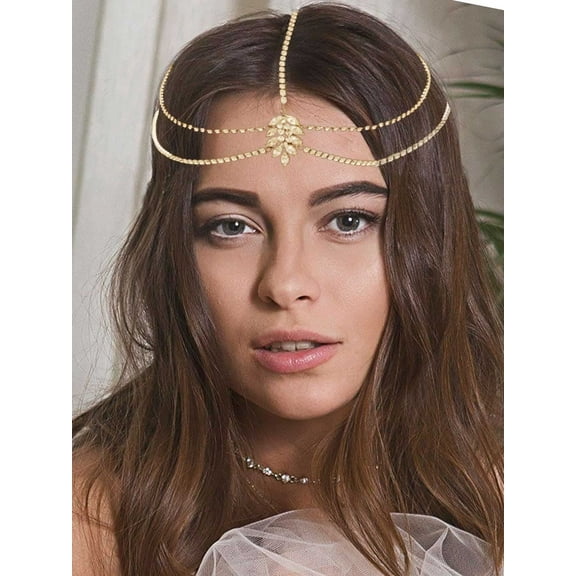 Crystal Head Chain Jewelry Flower Tassel Hair Chain Water Drop Pendant Head Chains Bride Wedding Headbands Headpiece Hair Accessories for Women and Girls (Gold)