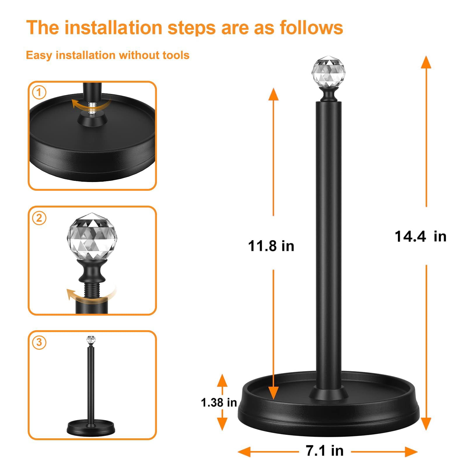 Crystal Head Paper Towel Holder - Steel Countertop Stand For Kitchen  Bars & Dining Tables Fits Standard Rolls Matte Black