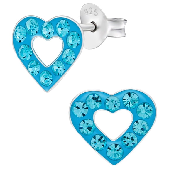 Crystal Heart 925 Sterling Silver Stud Earrings with Aqua Crystal