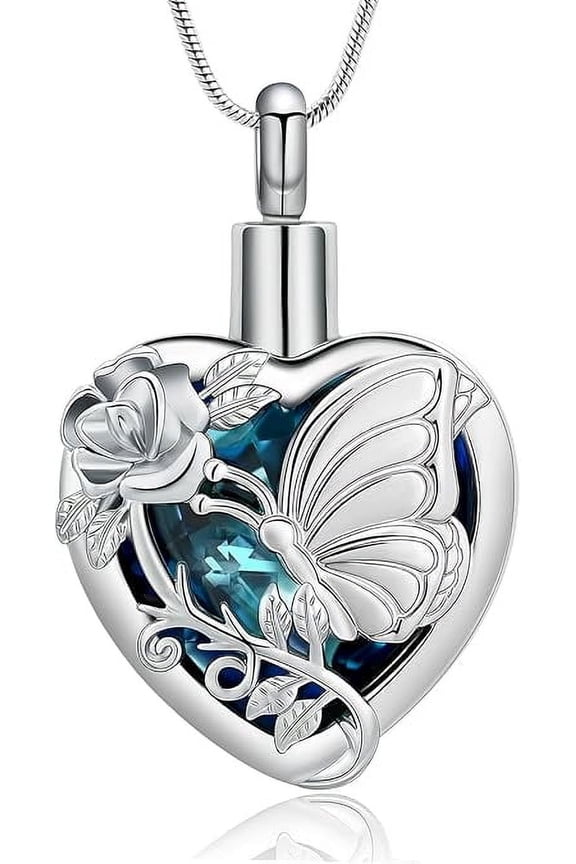 Crystal Heart Cremation Jewelry Butterfly Urn Necklaces for Ashes for Women Men with Birthstone Cremation Ashes Necklace for Human / Pet