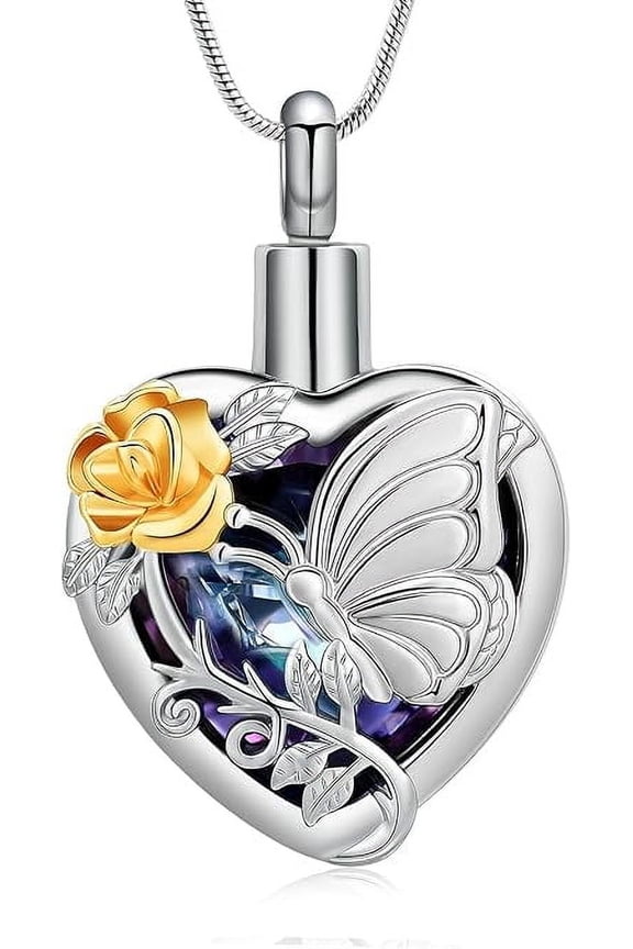 Crystal Heart Cremation Jewelry Butterfly Urn Necklaces for Ashes for Women Men with Birthstone Cremation Ashes Necklace for Human / Pet