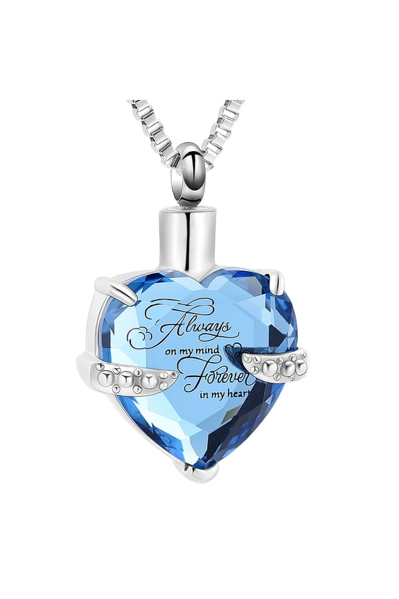 Crystal Heart Cremation Jewelry for Ashes Urn Necklace for Ashes of Loved One-Always on my mind forever in my heart