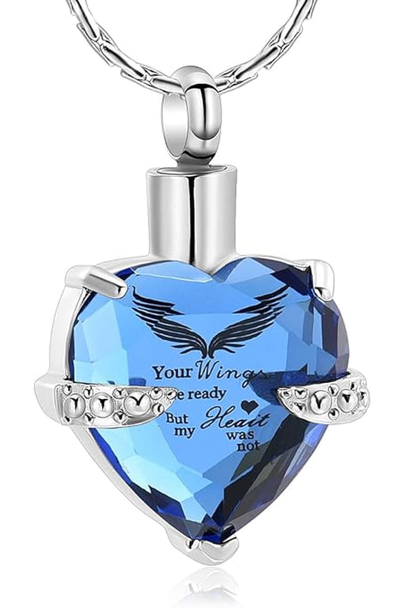 Crystal Heart Cremation Necklace for Ashes - Your Wings Were Ready But My Heart Was Not Angel Wings Pattern Crystal Pendant Urn Memorial Jewelry