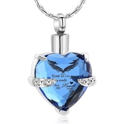 Crystal Heart Cremation Necklace for Ashes - Your Wings Were Ready But My Heart Was Not Angel Wings Pattern Crystal Pendant Urn Memorial Jewelry