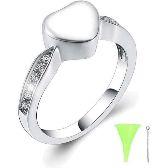Crystal Heart Cremation Ring for Ashes for Women Men Keepsake Finger Ring Urns for Ashes for Loved One for Dad Mom Size(5,6,7,8,9,10)