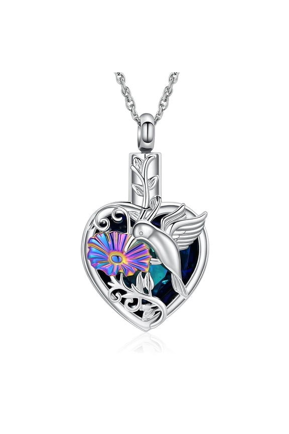 Crystal Heart with Hummingbird and Sunflower Memorial Cremation Jewelry for Ashes Holder Urn Necklace Lockets for Ashes of Loved One Pendent for Ashes and Chain