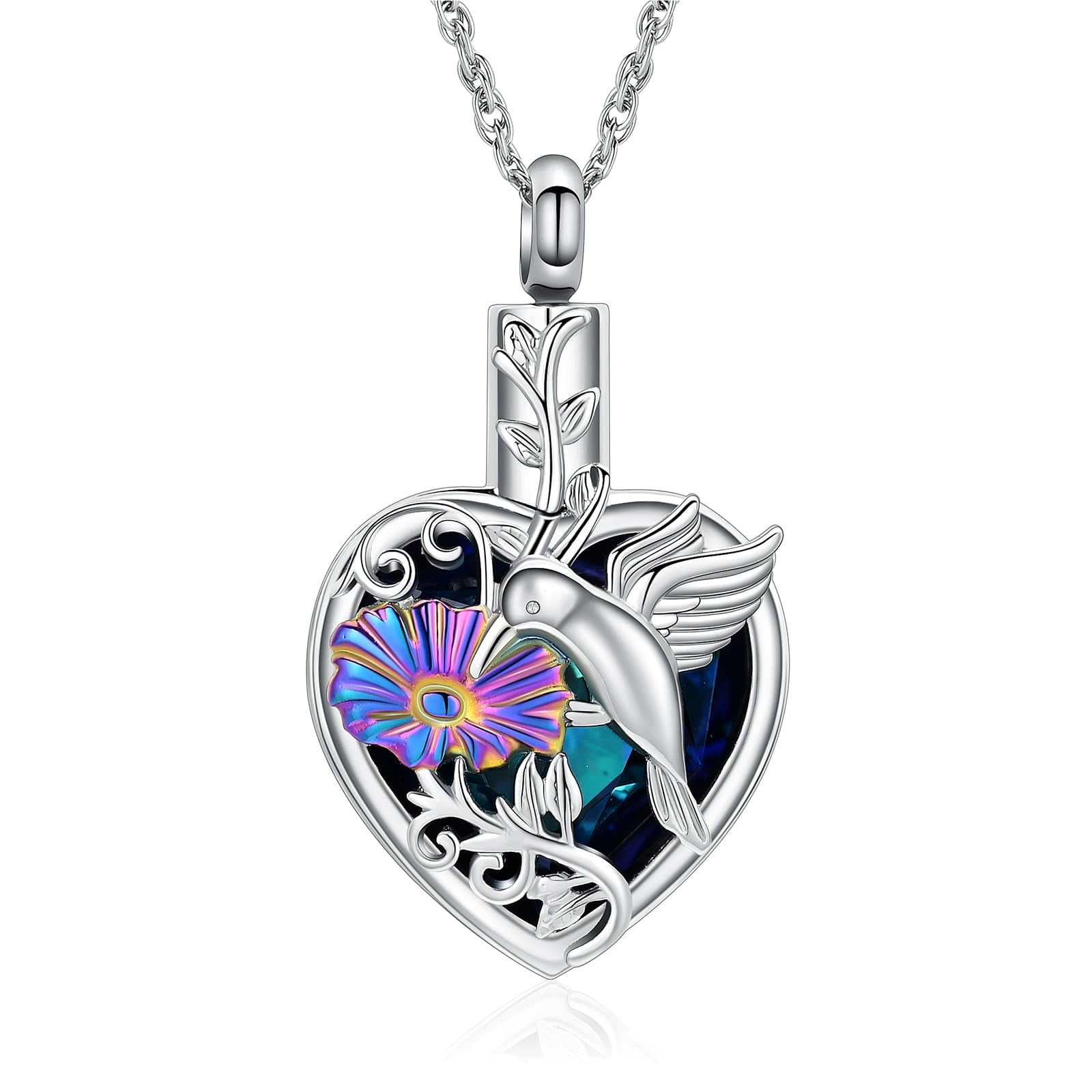 Crystal Heart with Hummingbird and Sunflower Memorial Cremation Jewelry