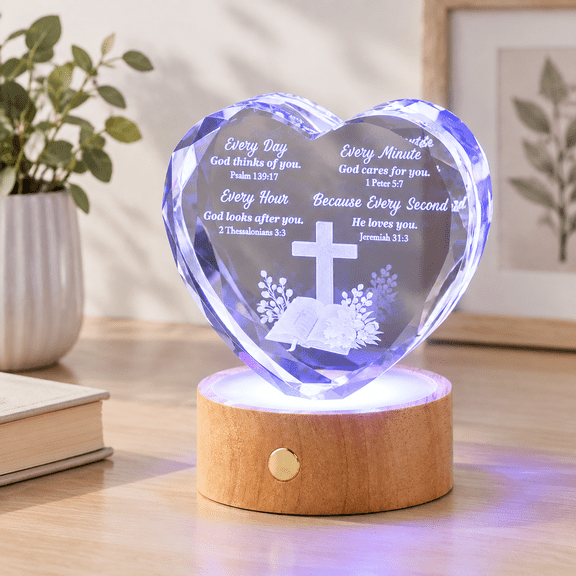 Crystal Heart Keepsake with God Verse, Engraved 3D Cross, LED Light Base, Spiritual Gift for Faith Celebrations