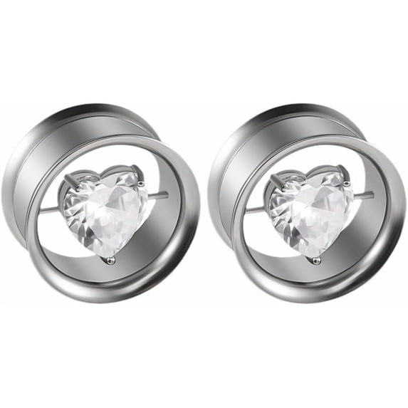 Crystal Heart Love Double Flared Tunnel Plugs Gauges Earrings for Women Men Unisex - Stainless Steel Cubic Zirconia Hearted Expander Stretcher Screw Ear Gauge Dainty Body Pierced Jewelry