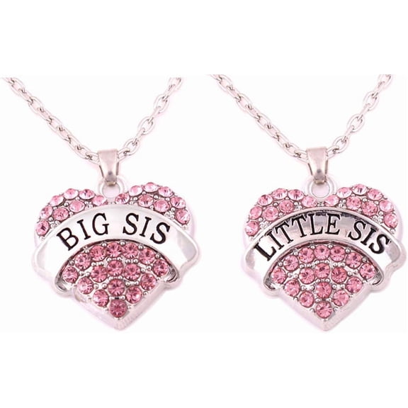 Crystal Heart Necklaces Set Mom Big Sis Middle Lil Sister (Pink, 2)