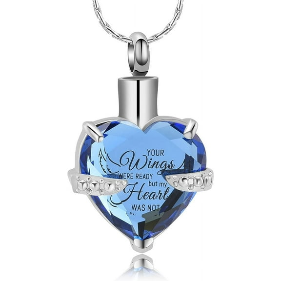 Crystal Heart Shape Cremation Jewelry Memorial Urn Necklace for Ashes, Angel Wings Stainless Steel Ash Holder Pendant Keepsake