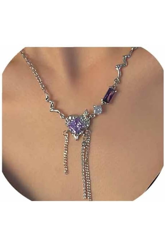 Crystal Heart Shape Tassel Necklaces.Irregular Rhinestones Chain Necklaces Statement Titanium Alloy Necklaces Jewelry Gifts for Women