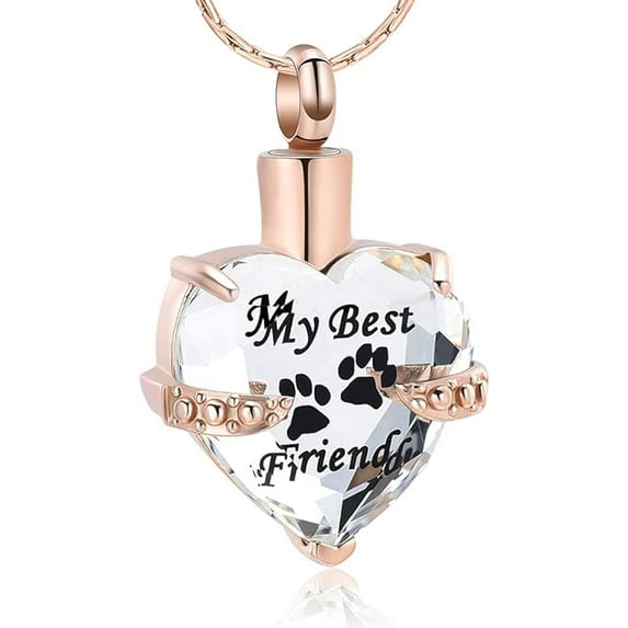 Crystal Heart Urn Necklace for Ashes Pet Paw Print Heart Cremation Jewelry - My Best Friend Pawprint Memorial Urn Necklace for Cat / Dog