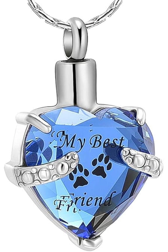 Crystal Heart Urn Necklace for Ashes Pet Paw Print Heart Cremation Jewelry - My Best Friend Pawprint Memorial Urn Necklace for Cat / Dog