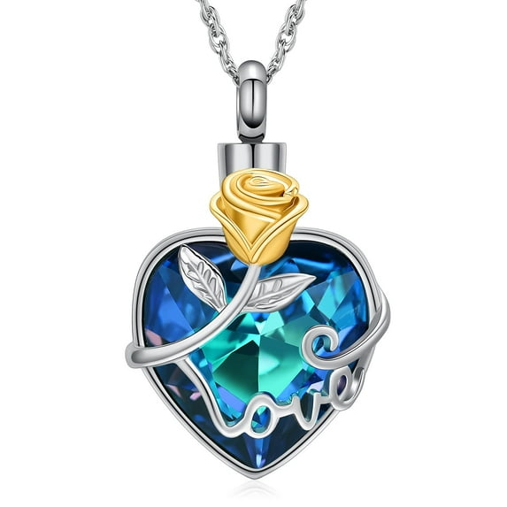 Crystal Heart with Rose Flower Cremation Jewelry for Ashes Urn Necklace Lockets for Human Ashes Pet Ashes Necklace for Women