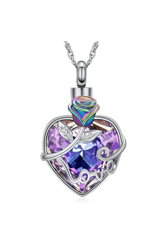 Crystal Heart with Rose Flower Cremation Jewelry for Ashes Urn Necklace Lockets for Human Ashes Pet Ashes Necklace for Women