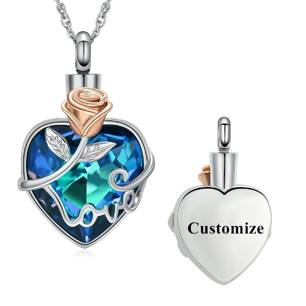 Crystal Heart with Rose Flower Cremation Jewelry for Ashes Urn Necklace Lockets for Human Ashes Pet Ashes Necklace for Women Adult Unisex Size