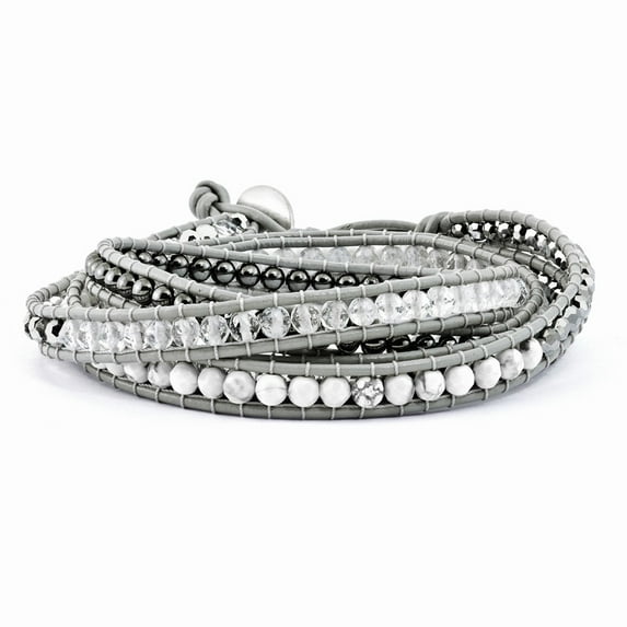 Crystal Hematite White Howlite Bead Leather Multi-wrap Bracelet