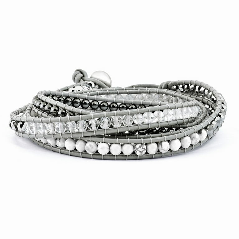 Crystal, Hematite & White Howlite Bead Leather Multi-Wrap Bead Bracelet Crystal, Hematite & White Howlite Bead Leather Multi-Wrap Bead Bracelet