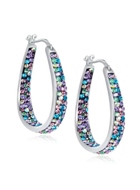 Crystal Hoop Earrings Fashion Inside Out Crystal Paved Oval Shape Hoop Earrings for Women Girls