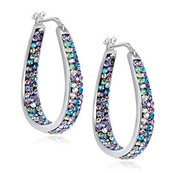 Crystal Hoop Earrings - Silver Plated Inside Out Oval Shape Hoop Multiple Color Earrings for Women, 1.2 Inch