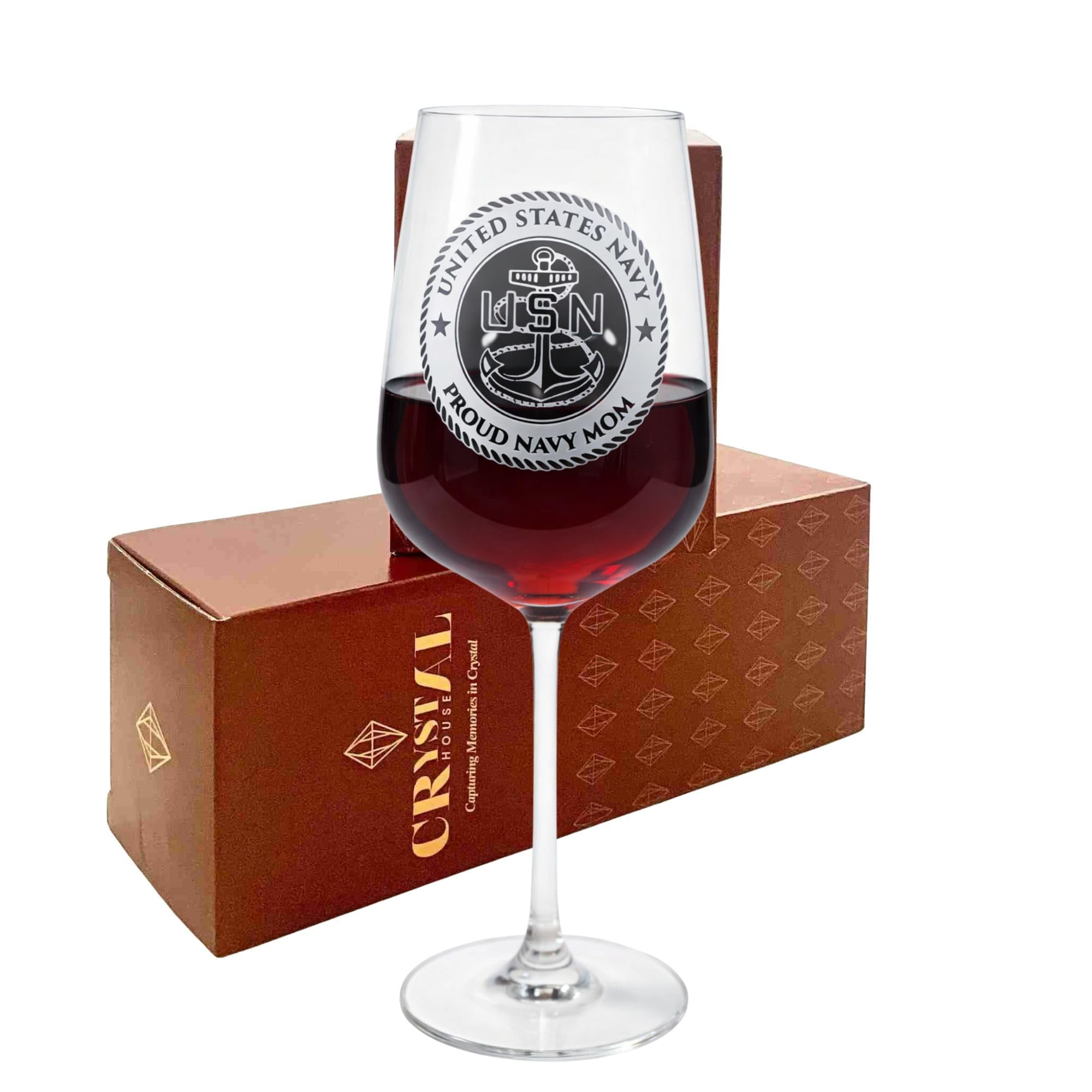 Crystal House Premium Luxury Crystal Engraved Navy Wine Whiskey Glass – US Navy Veteran Retirement Gift