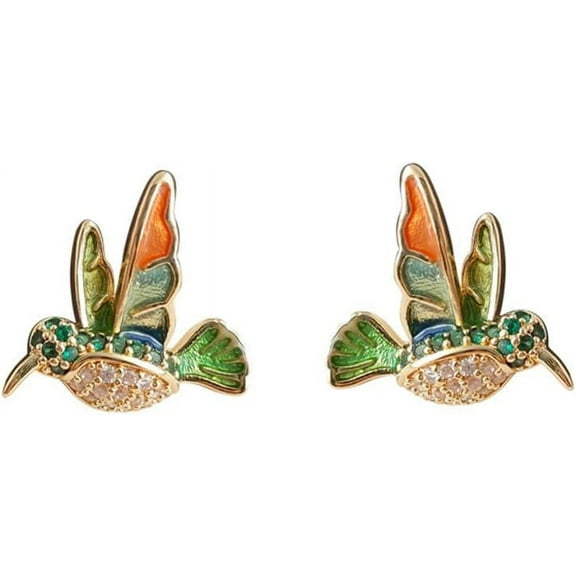 Crystal Hummingbird Earrings Stud Earrings Colorful Cute Animal Bird Flying Gold Plated Oil Painting Earring for Women S925 Sterling Silver Post Hypoallergenic