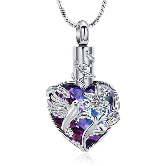 Crystal Hummingbird Urn Necklace for Ashes With Heart & Lily Memorial Cremation Jewelry for Women Memorial Keepsake Necklace for Women Men