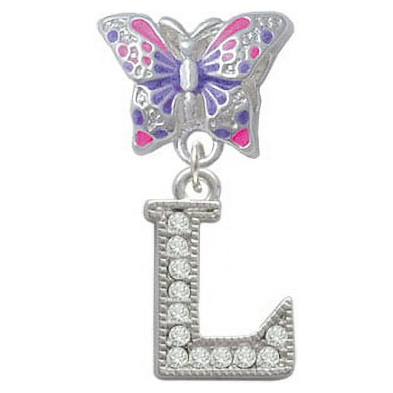 Crystal Initial - L - Beaded Border - Butterfly Charm Bead