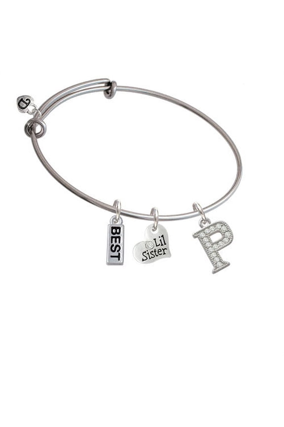 Crystal Initial - P - Beaded Border - Lil Sister Heart Expandable Bangle Bracelet